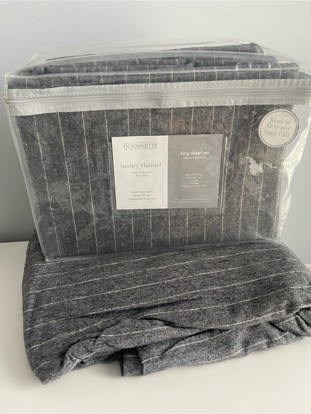 King size Dormisette luxury flannel cotton sheet set Charcoal grey pinstripe